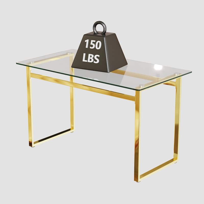 5-Piece Glass Dining Table Set with Gold Metal Legs and 4 PU Upholstered Chairs