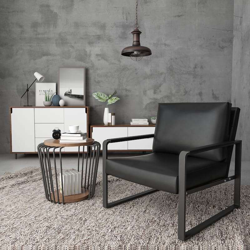 Mieres Mid-Century Style Faux Leather PU Accent Chair, Armchair with Steel Frame