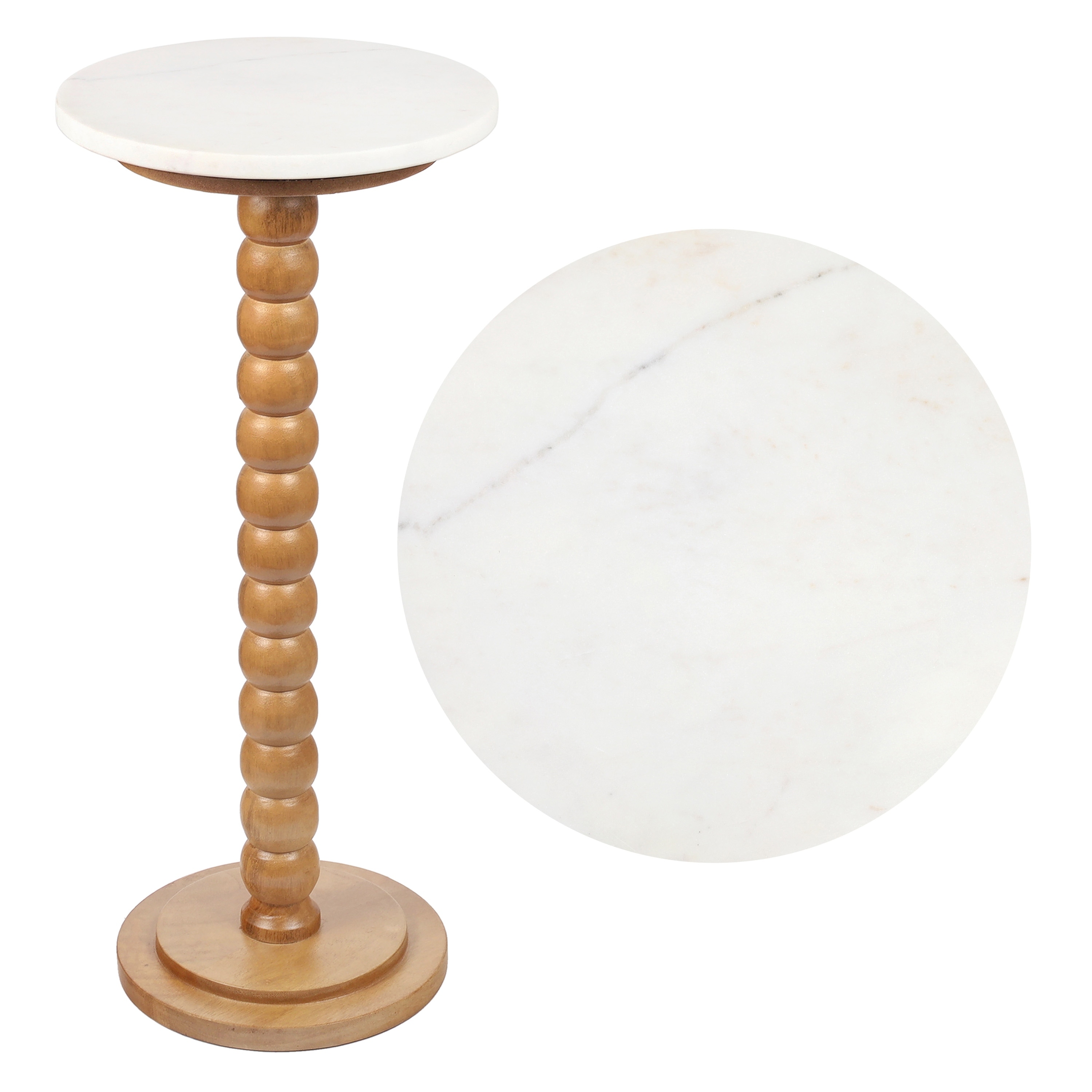 Monroe Farmhouse Wood Drink Table, Marble Round Top Bobbin Spool Pedestal Base, Decorative Accent End Table
