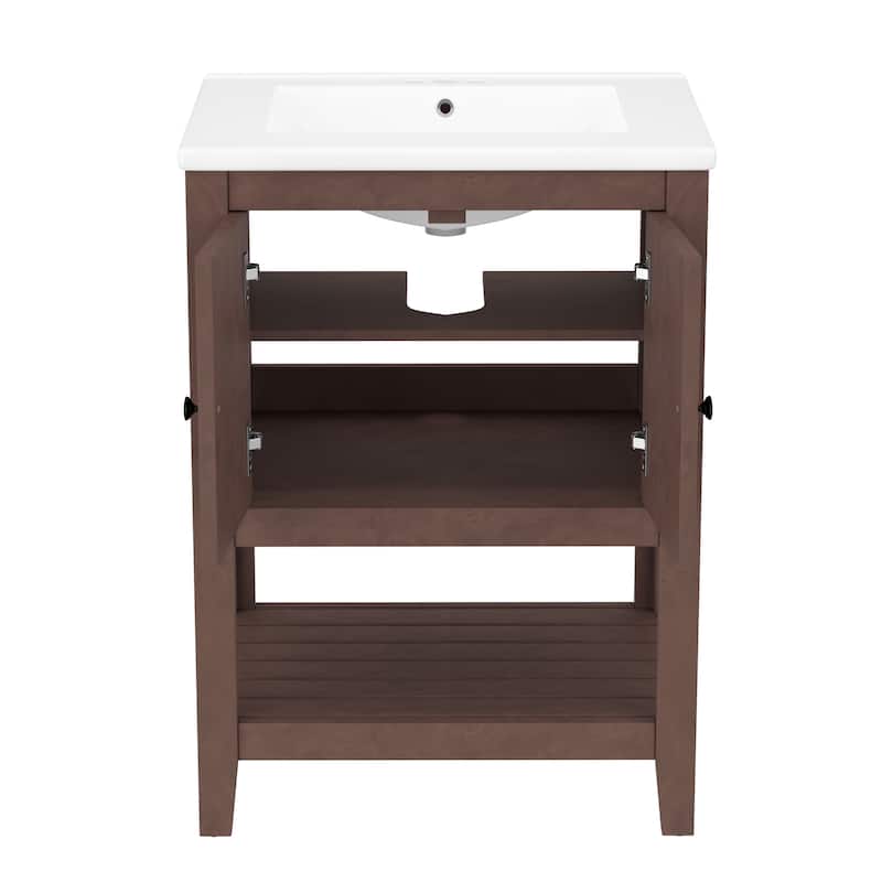Roomfitters 24" Bathroom Vanity with Ceramic Sink Open Style Shelf Solid Wood Frame Modern Sleek Cabinet