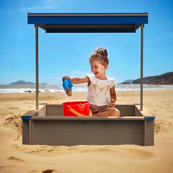 slide 2 of 6, 45.3'' Children's Wooden Sandbox with Adjustable Canopy Golden - 5-7 Years