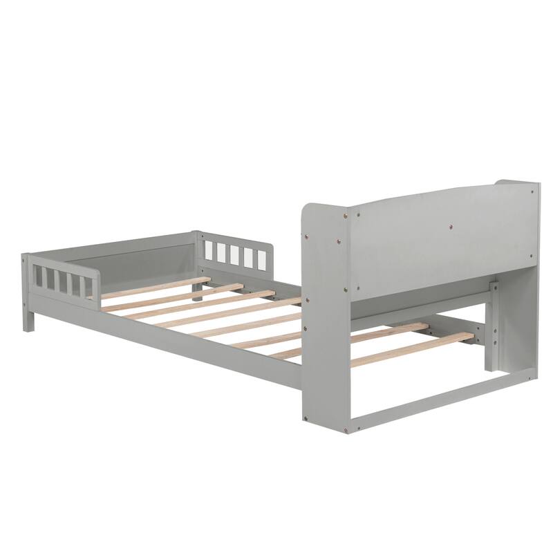 Twin Size Pine Bed w/ Bookcase Headboard ,LED Sensor Light, Guardrails
