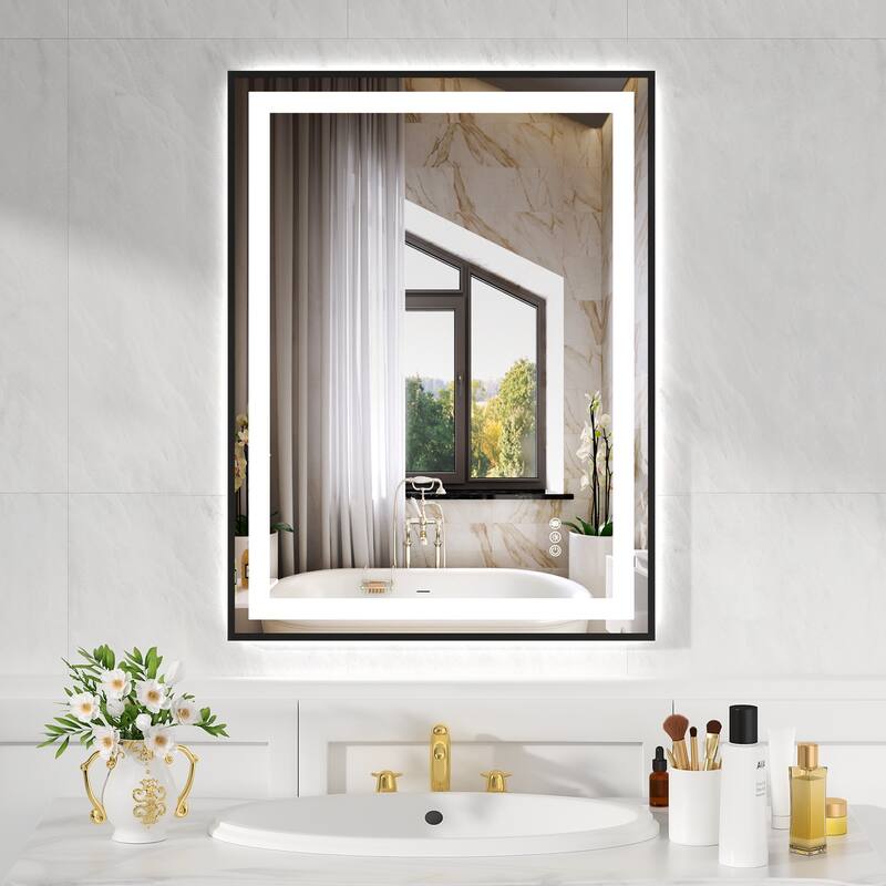 Black LED Bathroom Mirror with Tempered Glass, Anti-Fog and Dimmable