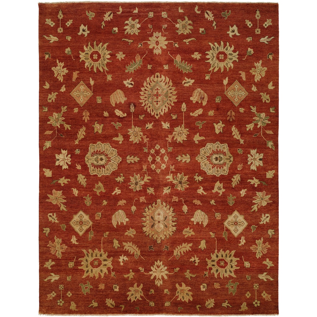 Transitional Red Hand-Knotted Wool Area Rug