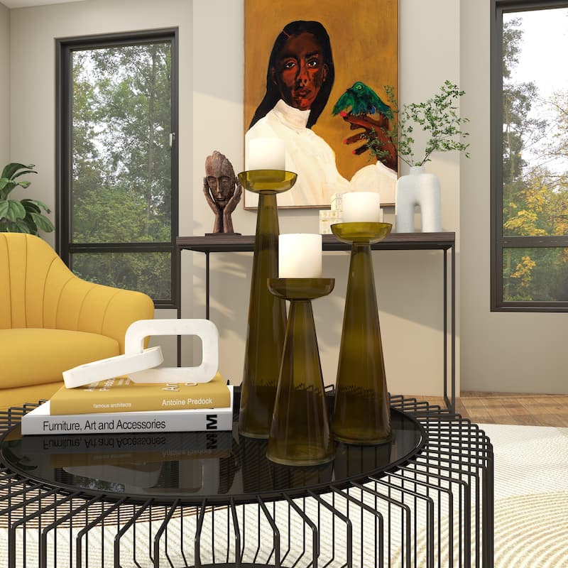 Glass Tapered Cone Candle Holder with Rounded Candle Plates - Set of 3 Green, Gold, Clear - Roche River Decor