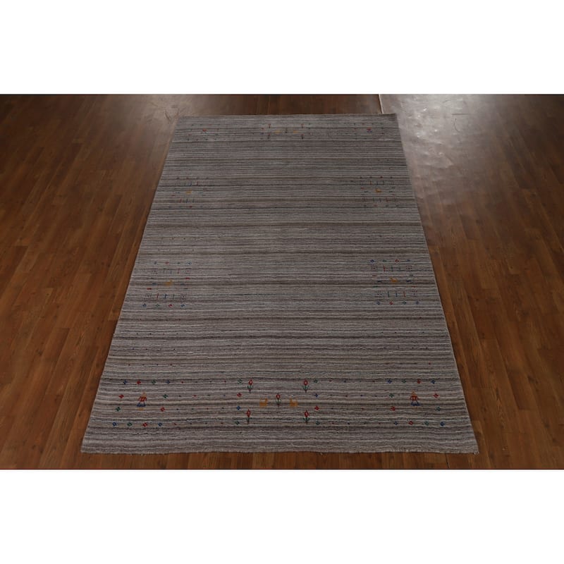 Hand Knotted Oriental 100% Wool Carpet Tribal Stripe Greys & Charcoal Gabbeh Area Rug - 8' 1'' X 5' 1''