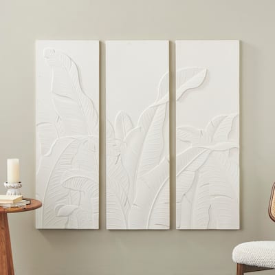 Cream Wood Dimensional Relief Leaf Home Wall Decor with Sandstone Texture (Set of 3)