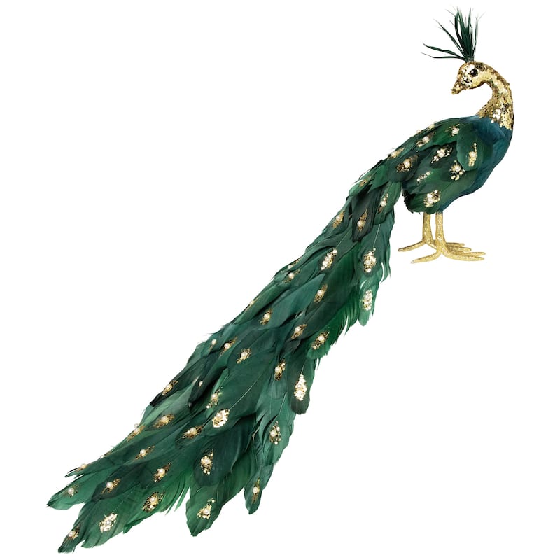 Glittered Peacock with Faux Pearls Christmas Decoration - 22" - Green