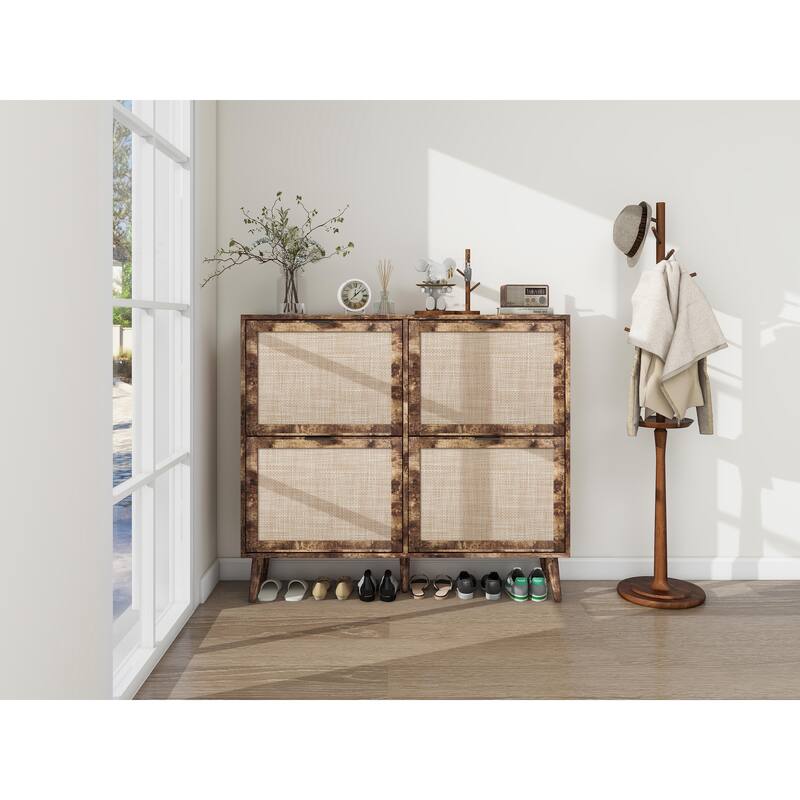 Elegant Shoe Cabinet with Double-Layer Doors,Sturdy Pine Legs and Adjustable Backplane