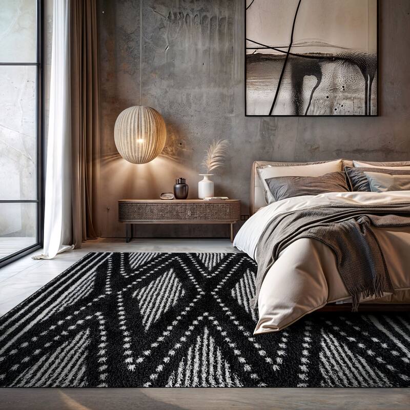 Geometric Shag Area Rug - Durable for Living Room, Bedroom - Polyester with Jute Backing - Anthracite Dark Gray and White