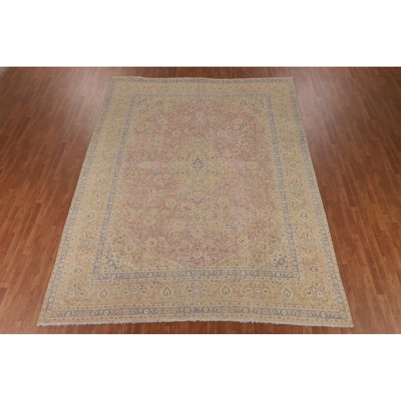 Traditional Pink Mashad Persian Vintage Area Rug Handmade Wool Carpet - 9'7"x 12'2"