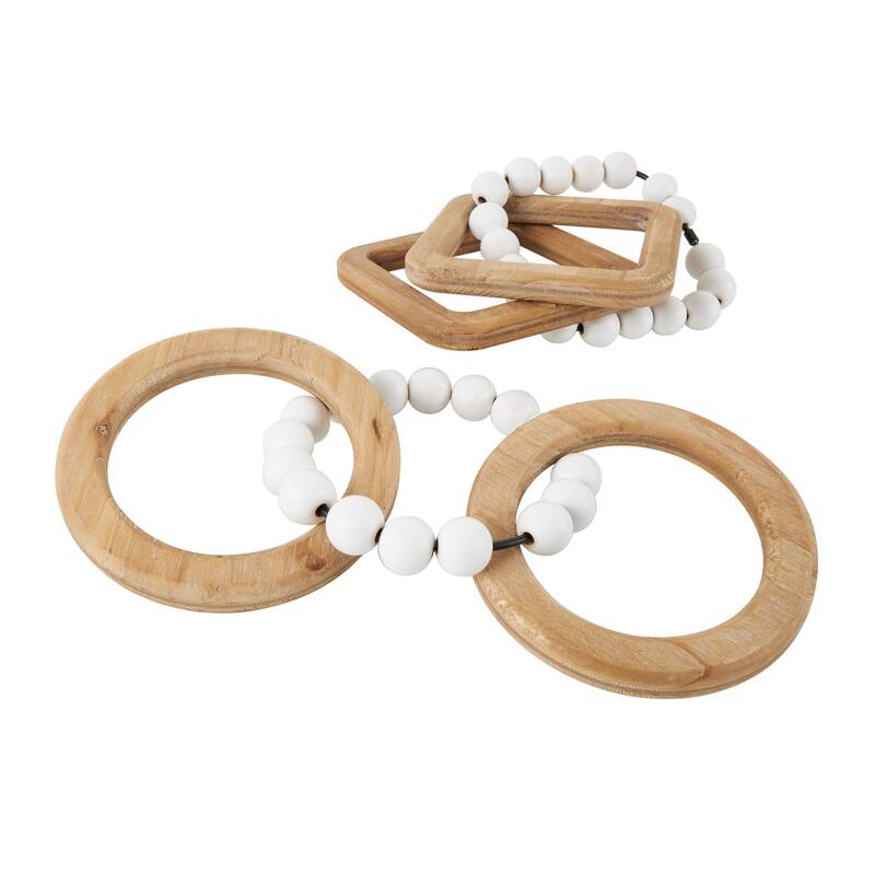 Brown Wood Geometric 3 Link Chain Decorative Sculpture with White Beaded Accents (Set of 2)