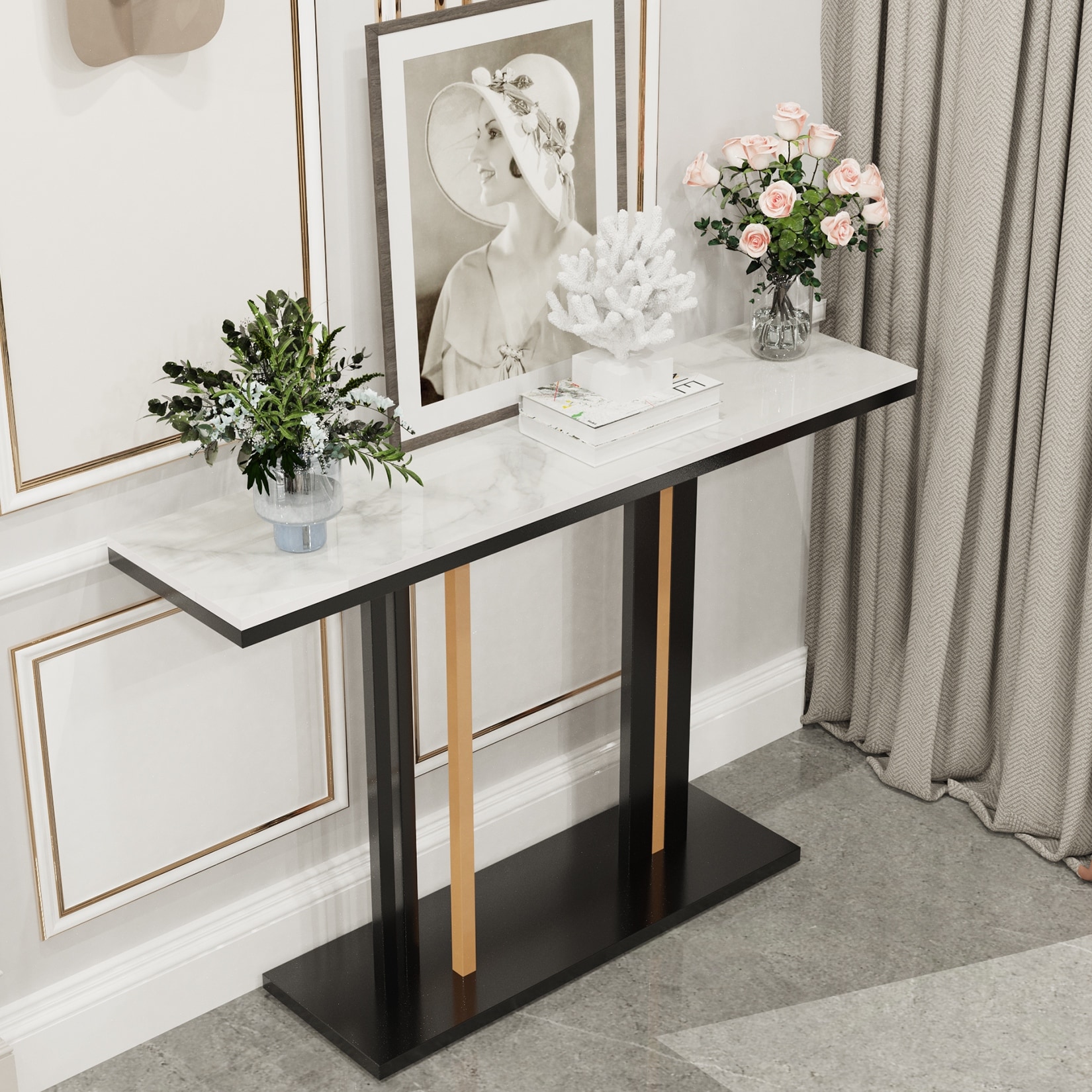 Glam Style Stone Top Accent Table for Hall Console Table Porch Table