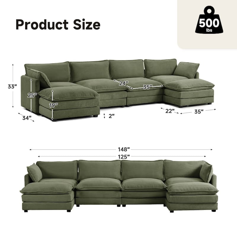 Corduroy Sectional Sofa with Removable Ottomans & Ultra-soft Cushions for Living Room & Bedroom