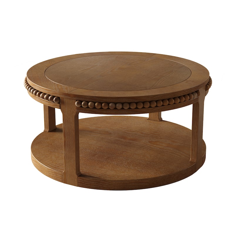 Roomfitters 31.5" Round Solid Wood Coffee Table, 2 Tier Thickened Center Table for Living Room