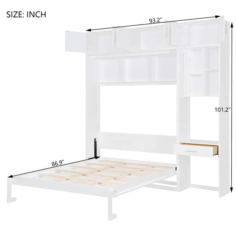 Queen Size Wall Murphy Bed with Desk, Top Cabinet and Storage Shelves, Space Saving Foldable Bed