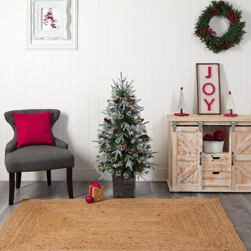 4Ft Frosted Christmas Tree with Lights & Berries - Holiday Decor Indoor Tree in Planter - Green - 48