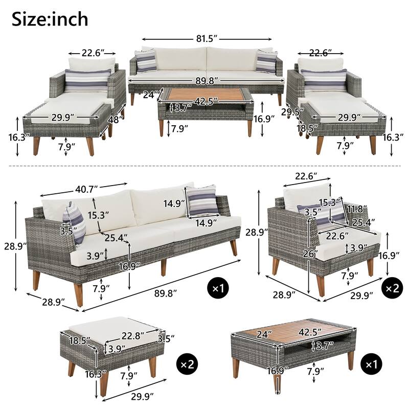 6-Pieces Outdoor PE Rattan Conversation Sofa Set with Coffee Table and 2 Ottoman