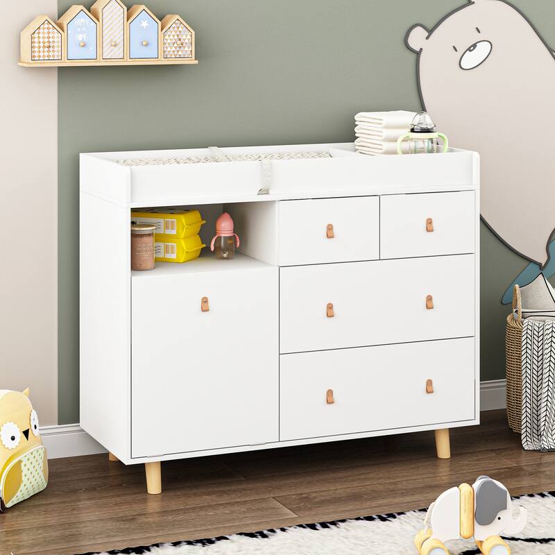 White Nursery Storage Dresser Chest with Changing Table Top,5 Drawers