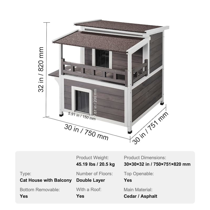 Grey Wooden Outdoor Double Layer Cat House with Jumping Platform and Asphalt Roof - 30” x 30” x 32”