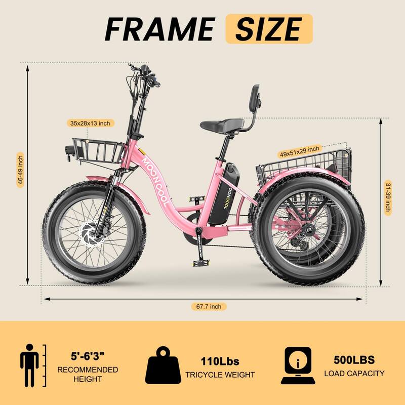 DoCred 20"x4" Fat Tire Electric Tricycle, 48V 500W with 7 Speed Ebike