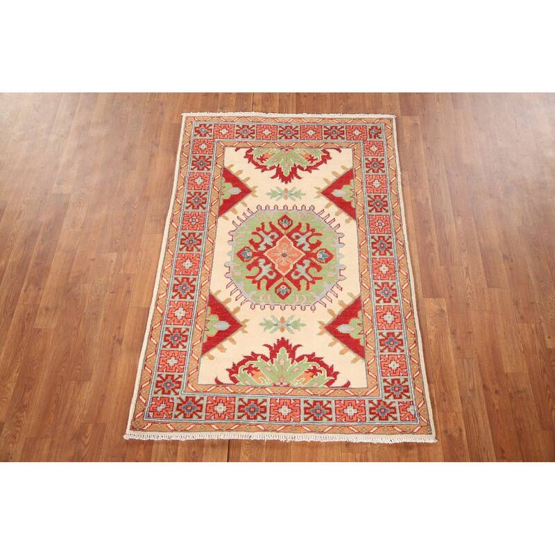 Geometric Kazak Oriental Accent Rug Handmade Wool Carpet - 3'4"x 5'0"