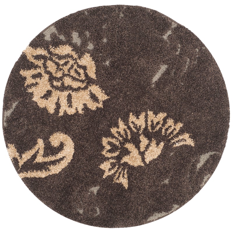SAFAVIEH Florida Shag Katherine Floral 1.2-inch Thick Rug - 4' Round - Dark Brown/Smoke
