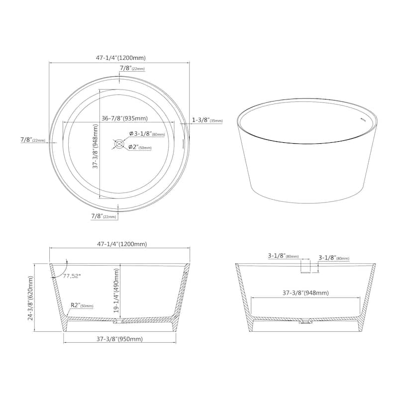 Repose 47" Stone Resin Soaking Tub - Round - 47D x 47W x 24H