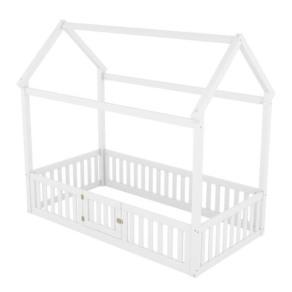 slide 2 of 45, Wood House Bed with Fence and Door for Kids Rooms