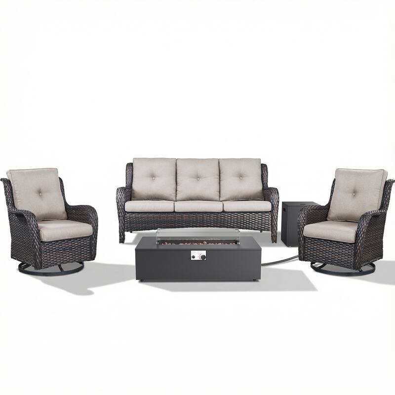 Pocassy Patio 5/7 Piece Sofa Swivel Chair Ottoman with Fire Pit Table