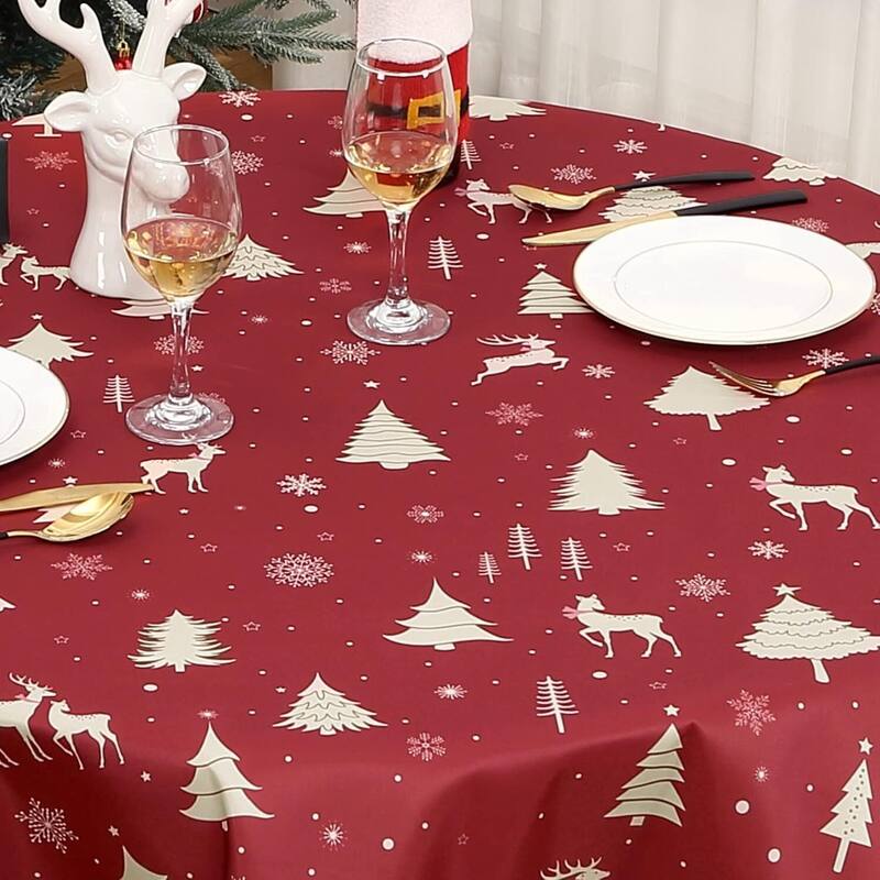 Christmas Round Tablecloth Waterproof Holiday Xmas Decor, Red