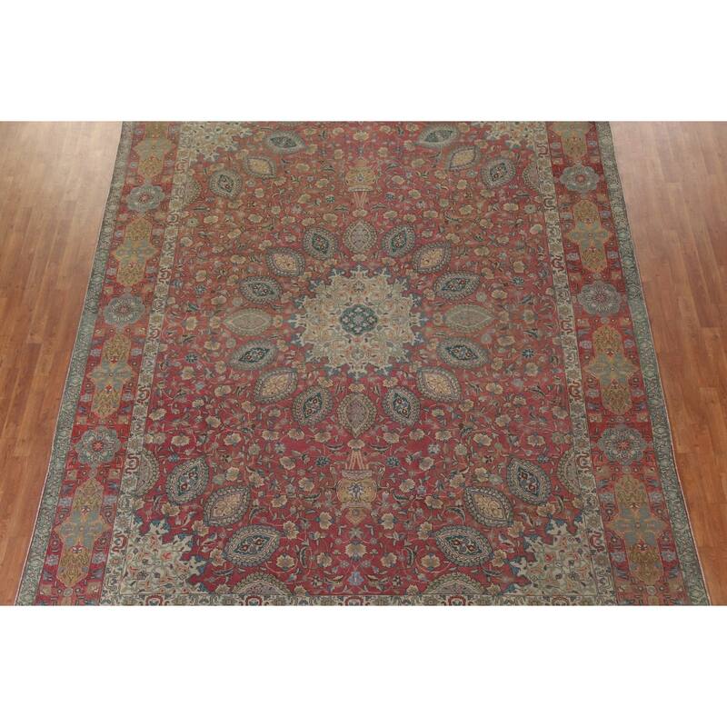 Hand Knotted Oriental 100% Wool Carpet Traditional Floral Pink Tabriz Area Rug - 12' 10'' X 9' 11''