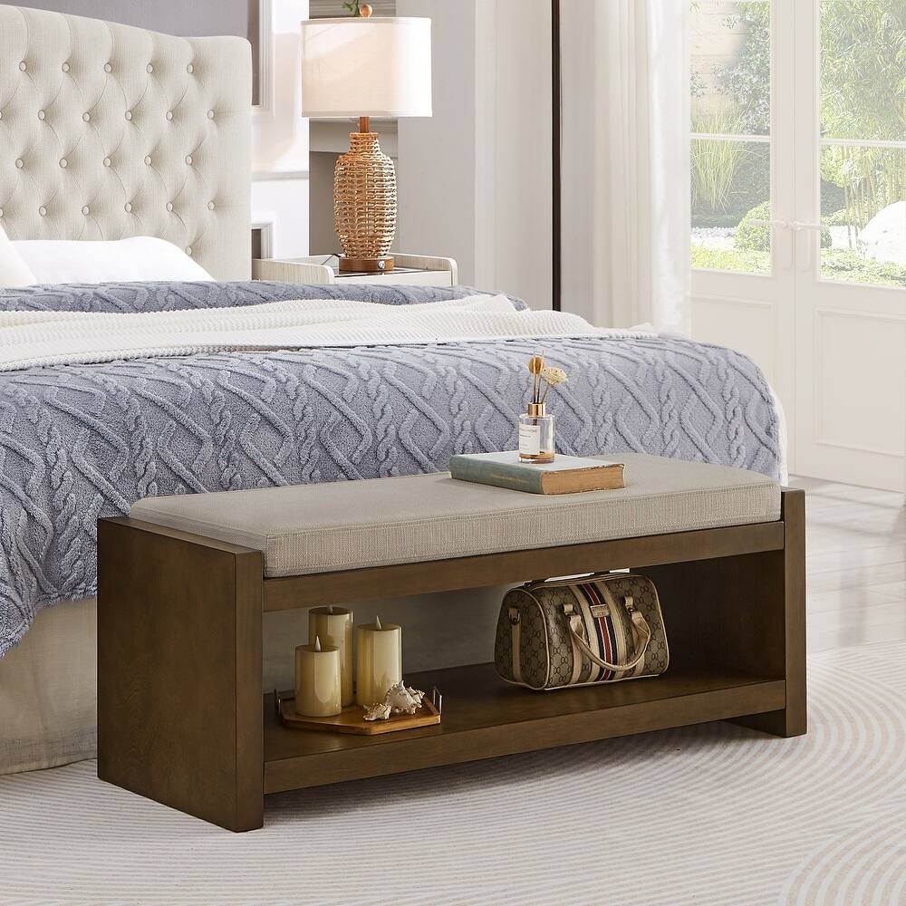 Entryway Storage Bench with Lower Shelf, End of Bed Bench with Wooden Frame Bedroom Linen Upholstered Storage Bench