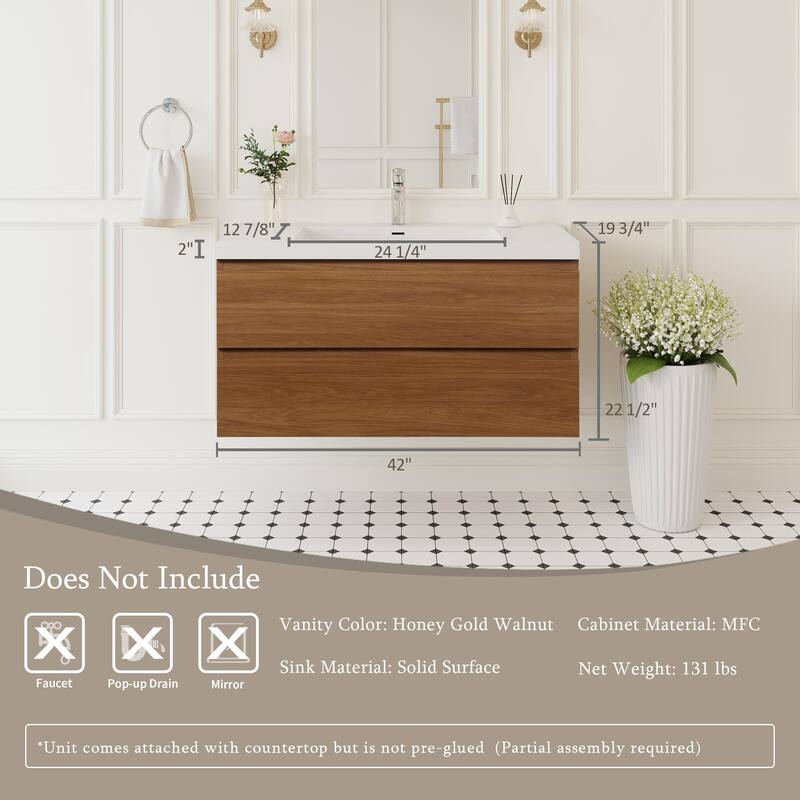 GDFStudio - Benjamin Modern Floating Bathroom Vanity with Integrated Resin Sink and Soft-Close Storage Drawers