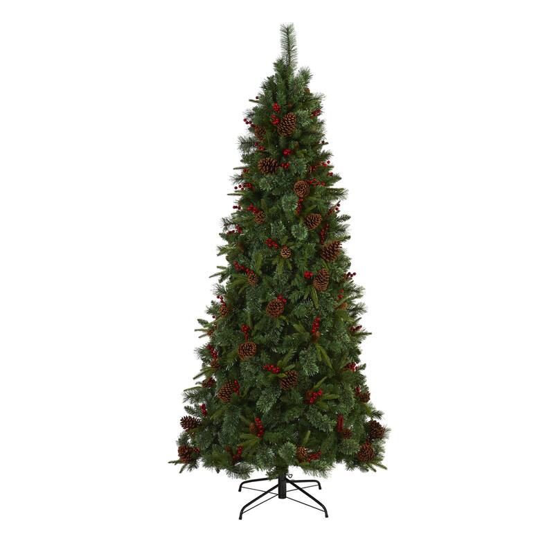 Southwestern Artificial Christmas Tree - 7.5ft Pine Tree with Clear Lights, Pine Cones & Berries - Holiday Decor - Green - 90