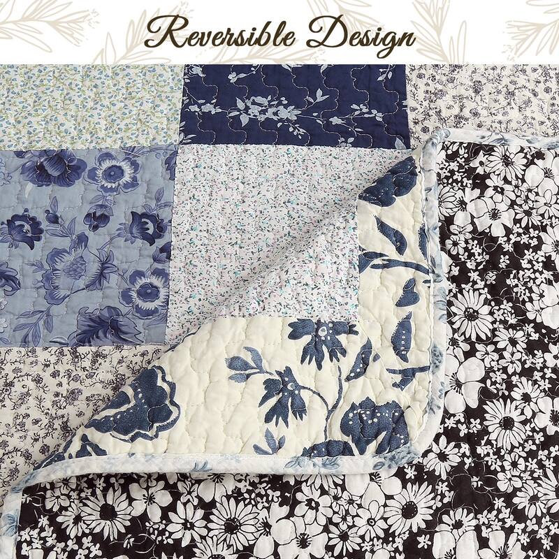 Cozy Line Azure Blue Floral Garden Patchwork 3 Piece Cotton Quilt Bedding Set
