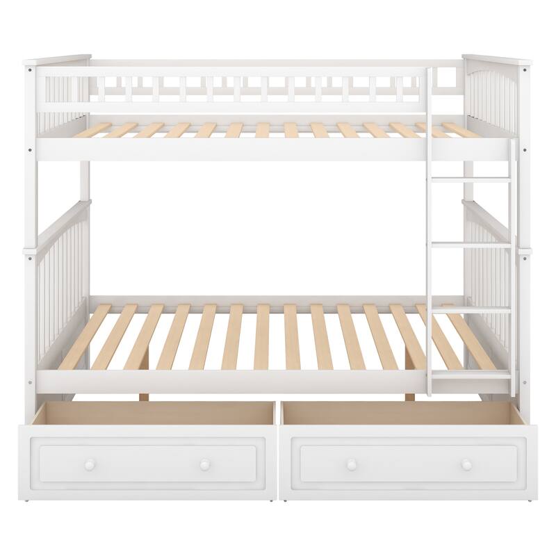 Full or Twin Bunk Bed with Safety Guardrail & 2 Storage Drawers, Convertible Beds Wood Slat Support Bunk Bed