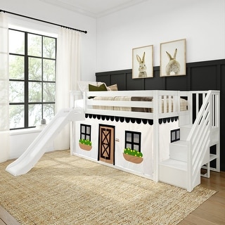 Max and Lily Classic Low Bunk with Stairs, Easy Slide and Curtain