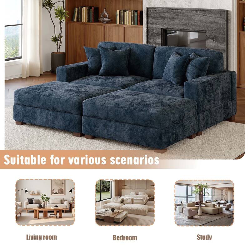 Oversized Chenille Modular Sectional Sofa Conversation Set with 2 Ottomans