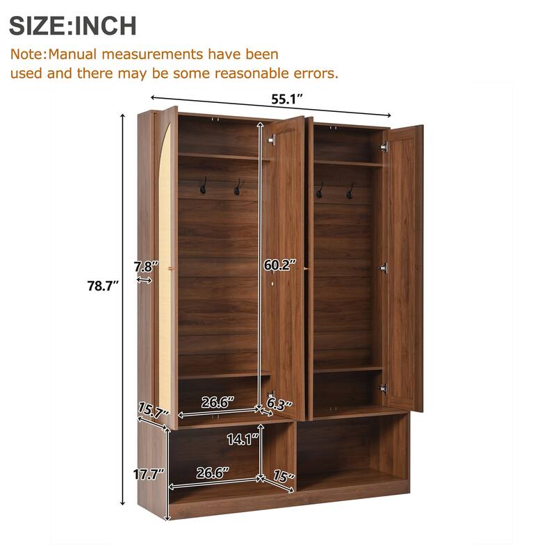 55.1" Wide Farmhouse Hall Tree - 4 Rattan Doors & 6-Hook Entryway Bench - Mid-Century 4-in-1 Shoe Cabinet with Adjustable Shelf