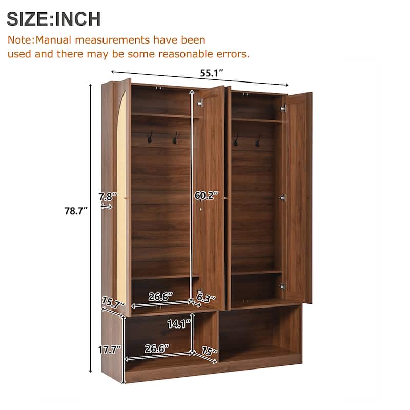 Farmhouse Widen Hall Tree with 4 Rattan Doors, Versatile 4-In-1 Seating Bench with 6 Hooks, Mid-Century Entryway Shoe Cabinet