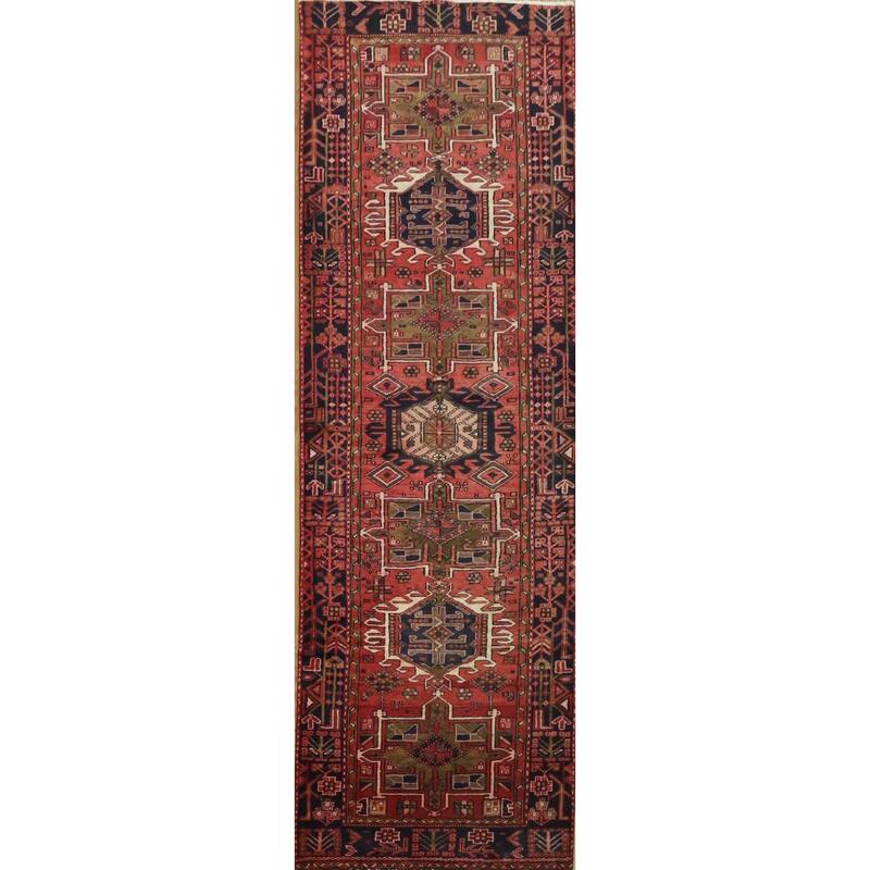 Hand Knotted Oriental 100% Wool Carpet Traditional Tribal Red Gharajeh Runner Rug - 10' 1'' X 3' 3''