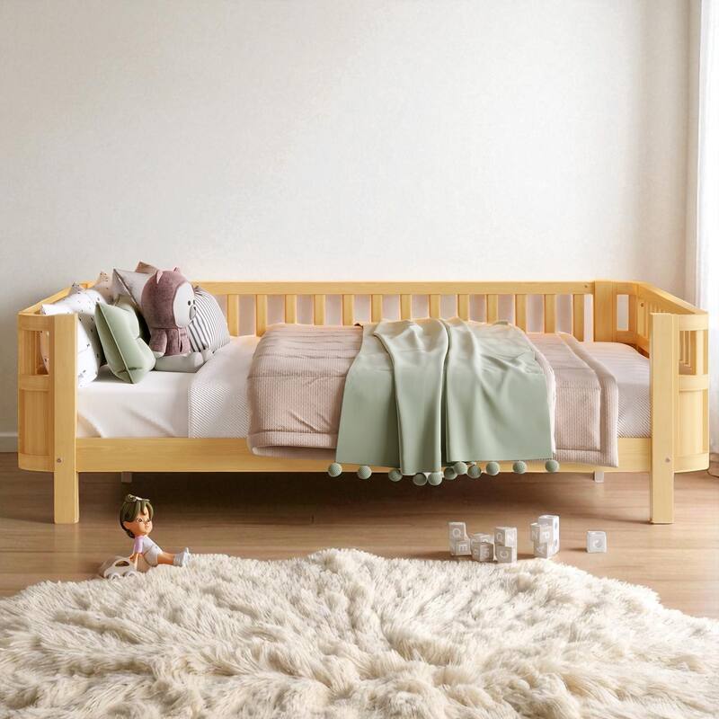 Wood Platform Bed with Guardrails & Detachable Fence, Twin/Full/Twin XL/Queen Size Kids Bed, Safety Design, No Box Spring