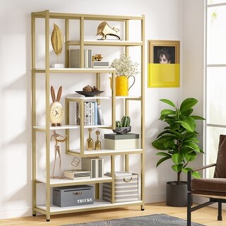 Vintage Brown/ Black 8-Shelf Etagere Bookcase, White Modern Bookshelves with Storage, Tall Display Rack