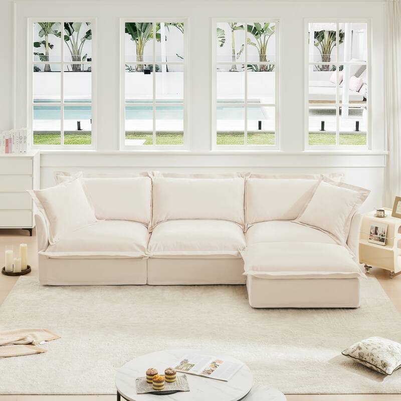 Modern Deep Seat Modular Sofa with Plush Chenille Cushions and Removable Covers for Living Room and Guest Room - Cream
