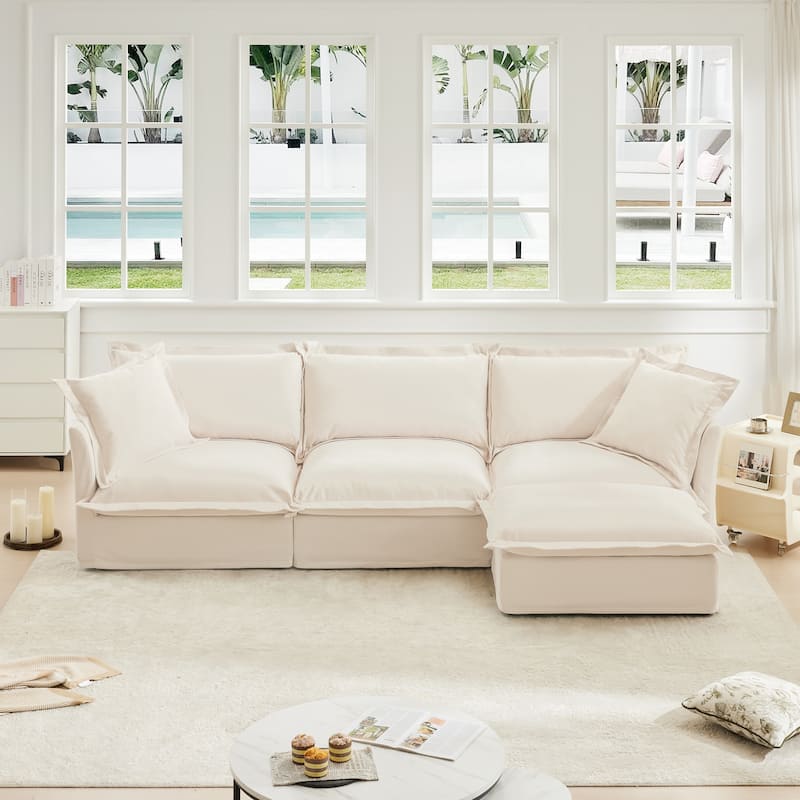 Modern L-Shaped Sectional Sofa Couch with Ottoman & 2 Big Pillows - Cream