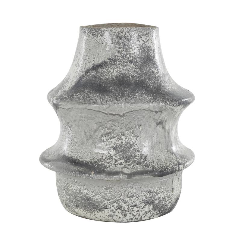 Paper Mache Distressed Fluted Decorative Vase with Light Gray Texturing and Ring Handle - Light Gray - Roche River Decor