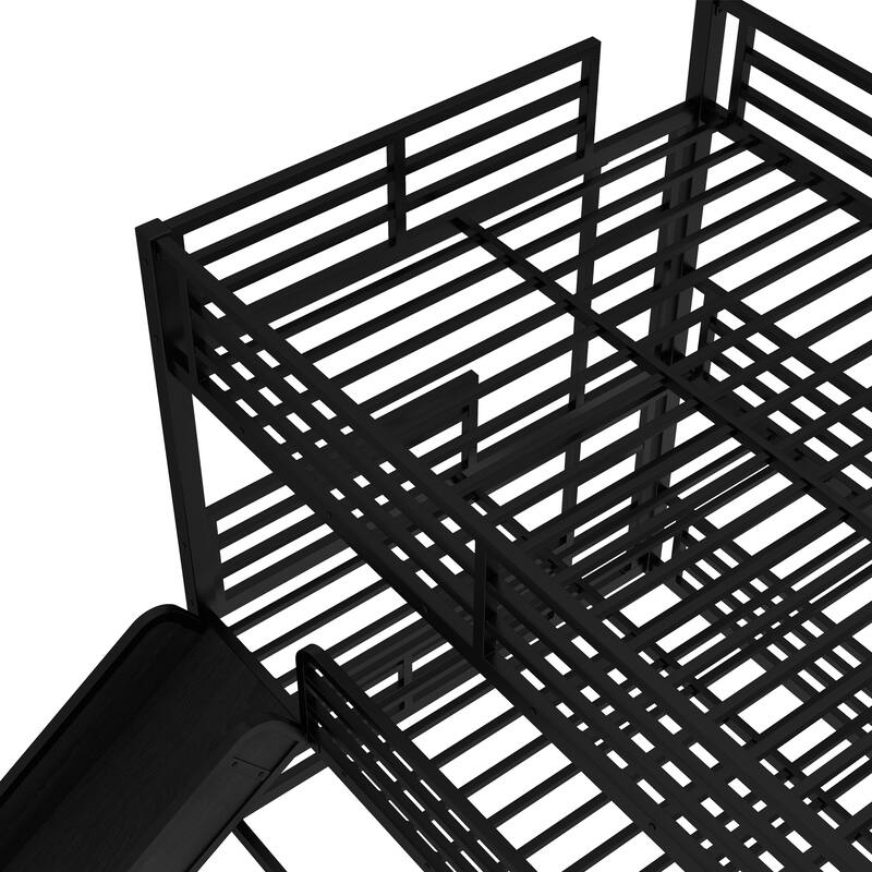 Queen over Queen over Queen Bunk Bed with Slide, Metal Triple Bunk Bed with Safety Guardrails, Noise-reduced Design, Black