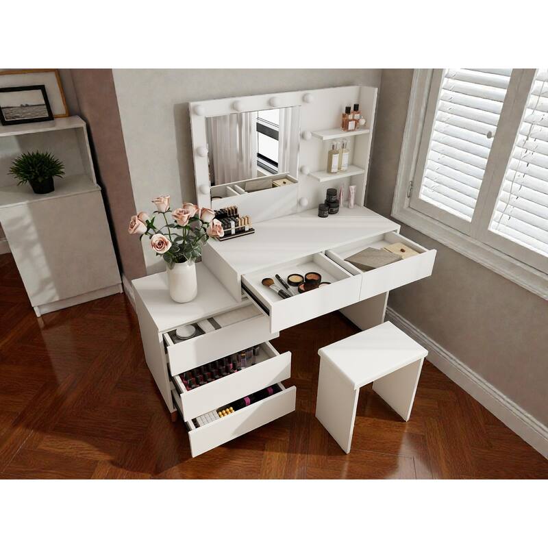 White LED Lighted Makeup Vanity Table with Mirror, Storage Drawers, Organizers & Stool, Modern Beauty Station for Small Rooms