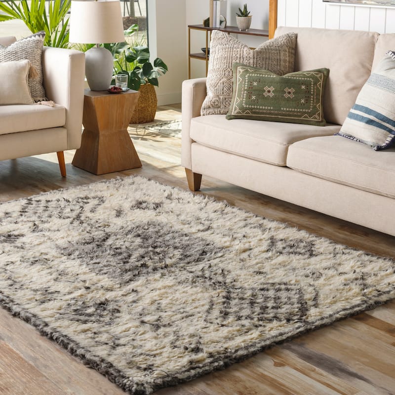 Jahleel Handmade Bohemian Diamond Wool Area Rug - 2' x 3' - Cream/Grey